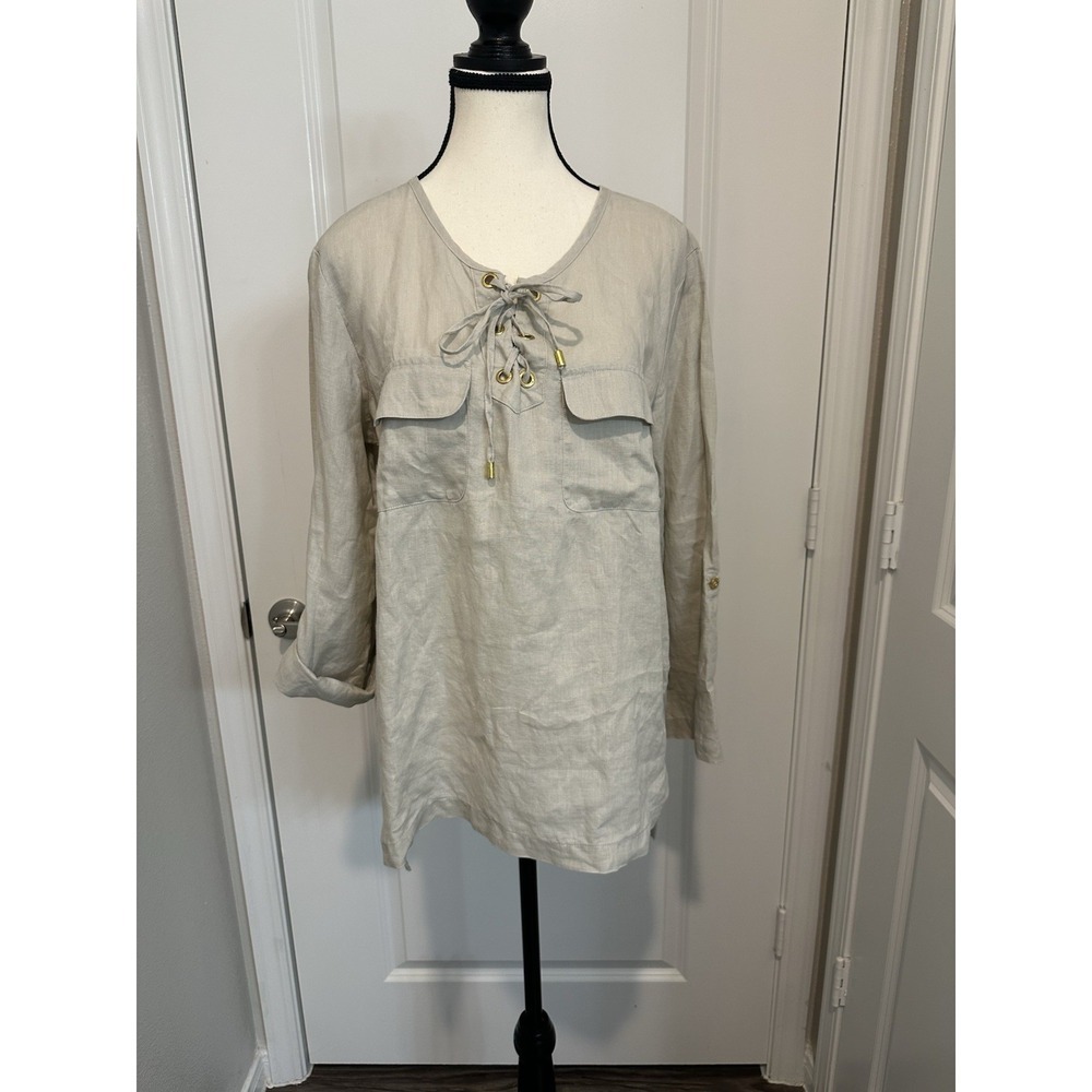 Company Ellen Tracy 100% Linen Lace-Up Utility Tunic Top M‎ Sandstone Beige